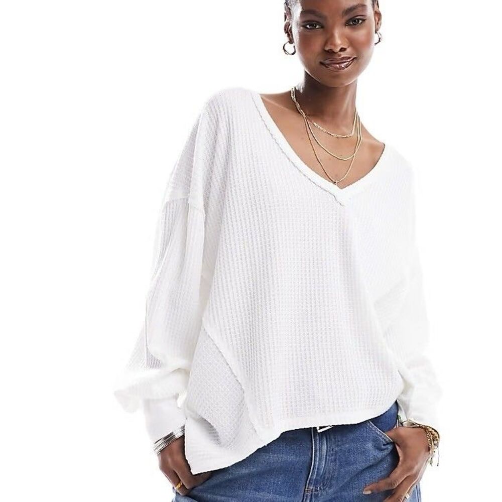 We The Free Caroline Thermal Womens Top Size Large White V Neck Cotton